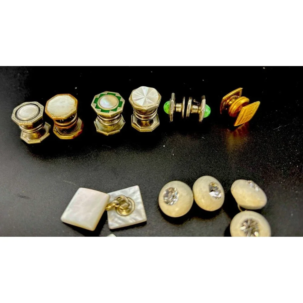 Antique Mixed Lot of Men’s Mother of Pearl & RS Cuff Links-Collar Studs-Buttons
